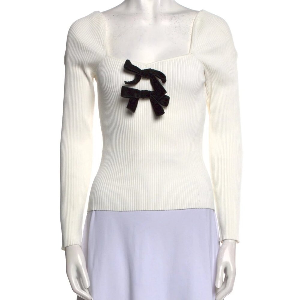 Generation Love White Ribbed Knit Velvet Bow Square Neck Top Small